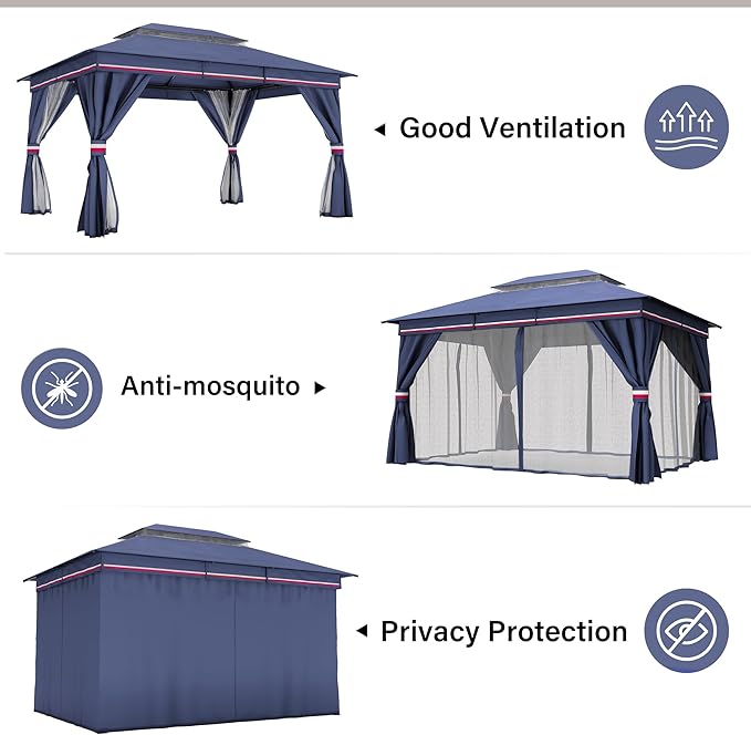 LAUSAINT HOME 10'x13' Outdoor Gazebo, Metal Frame Heavy Duty Patio Canopy Tent Shelter with Double Roofs, Mosquito Nettings and Privacy Screens for Backyard, Garden, Lawn, Classic Blue