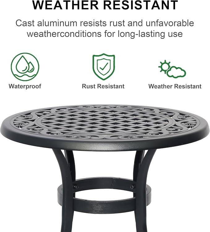 Cast Aluminum Outdoor Side Table, All Weather Metal End Table, Black Small Patio Table for Porch, Garden, Balcony, Black (24" Round Side Table)