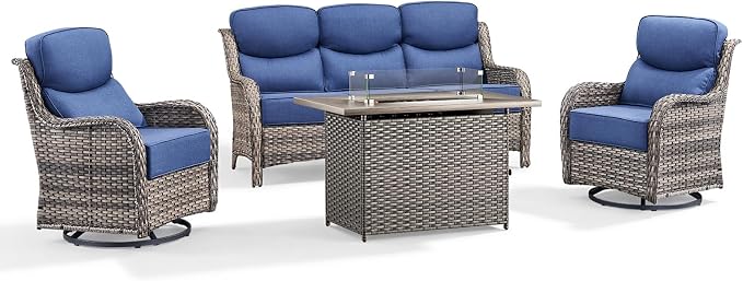 Luxury Patio Furniture Set with 6-inch Thick Cushion, Outdoor Furniture with Fire Pit Table, Swivel Chairs, Sofa, 4pcs Wicker Conversation Set for Deck Yard and Poolside(Grey Wicker/Blue Cushion)