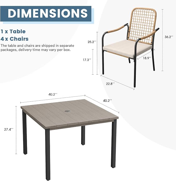DIFY 5 Pieces Outdoor Dining Set, Metal Patio Table and Chairs Set for 4, 40.2" Square Dining Table with Umbrella Hole & Wicker Stackable Patio Chairs with Cushions, Grey Wood-Like Tabletop