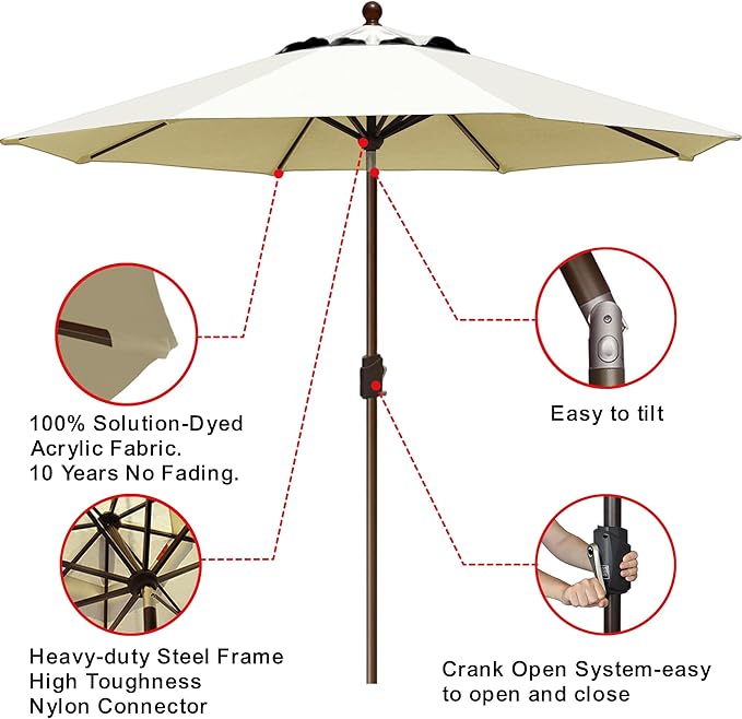 EliteShade USA 10-Year-Non-Fading 9Ft Market Patio Umbrella, UPF 50+ UV Protection Performance Sun Umbrella, Heavy Duty Commercial Grade Outdoor Table Umbrella with Crank & Tilt, Windproof Vented Top for Garden, Pool, Deck and Outdoor Playsets, Natural
