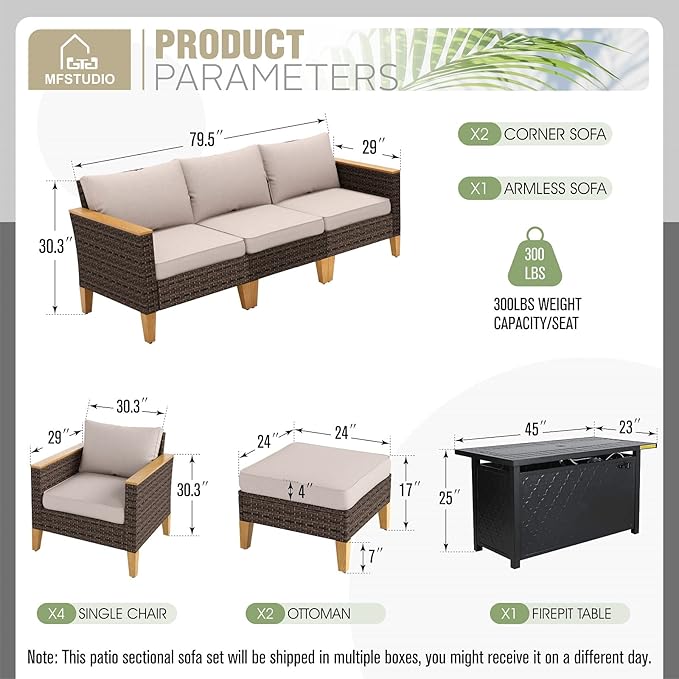 MFSTUDIO 9 Piece Wicker Patio Furniture Set with Fire Pit Table, 4 x Single Chair, 2 x Ottoman, 3-Seat Sofa, All-Weather Outdoor PE Rattan Patio Conversation Set for Garden, Backyard(Beige Cushions)