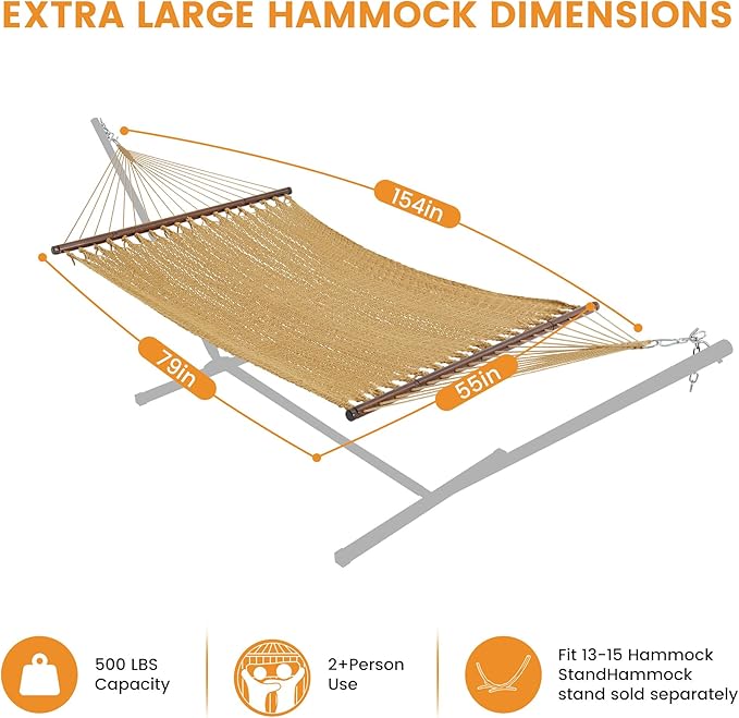 Lazy Daze Hammocks 13 FT Extra Large 2+ Person Caribbean Rope Hammock, Hand Woven Polyester XL Hammock with Spreader Bars, for Outside Outdoor Backyard Patio Poolside, 500 LBS Capacity, Tan