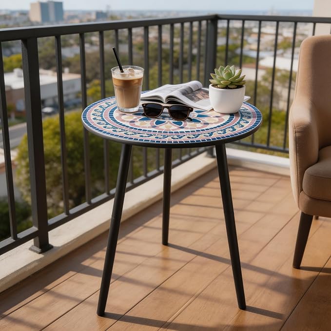 Outdoor Side Table Set of 2 Mosaic Patio Side Tables for Outside End Tables Small Outdoor Table Round Patio End Table Metal Side Table Outside, Indoor, Bedroom, Living Room, Small Spaces, Blush Mosaic