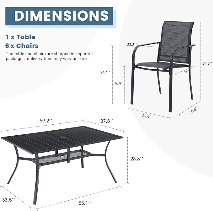 DIFY 7 Pieces Patio Dining Set for 6, Patio Furniture Includes Grey Stackable Sling Outdoor Chairs and 59.2" Rectangle Metal Black Table