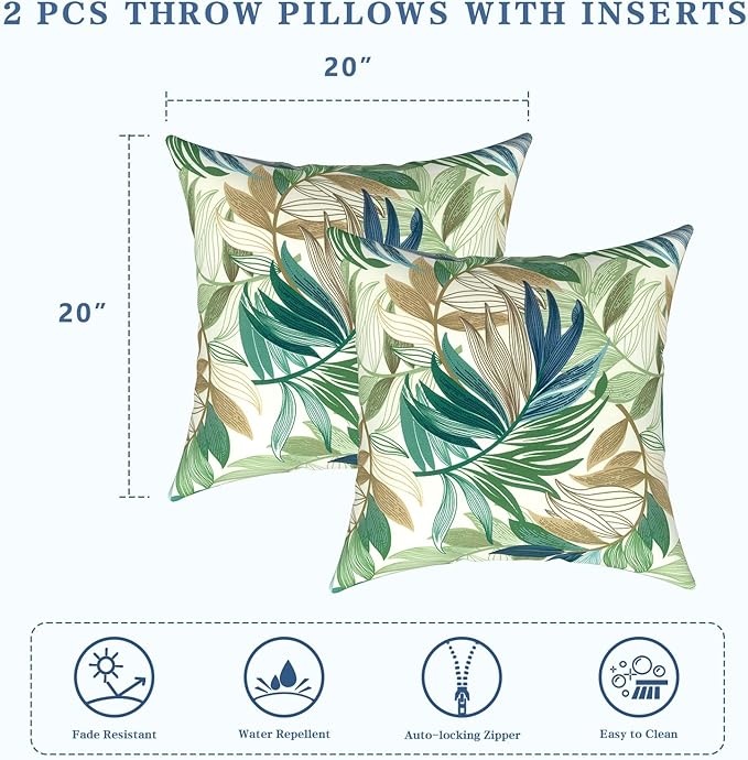 LVTXIII Outdoor Pillows 20x20 Inch, 2 Pack Large Decorative Square Throw Pillows with Inserts for Couch, Bed, Floor Seating, Patio Furniture, Lush Leaf Green