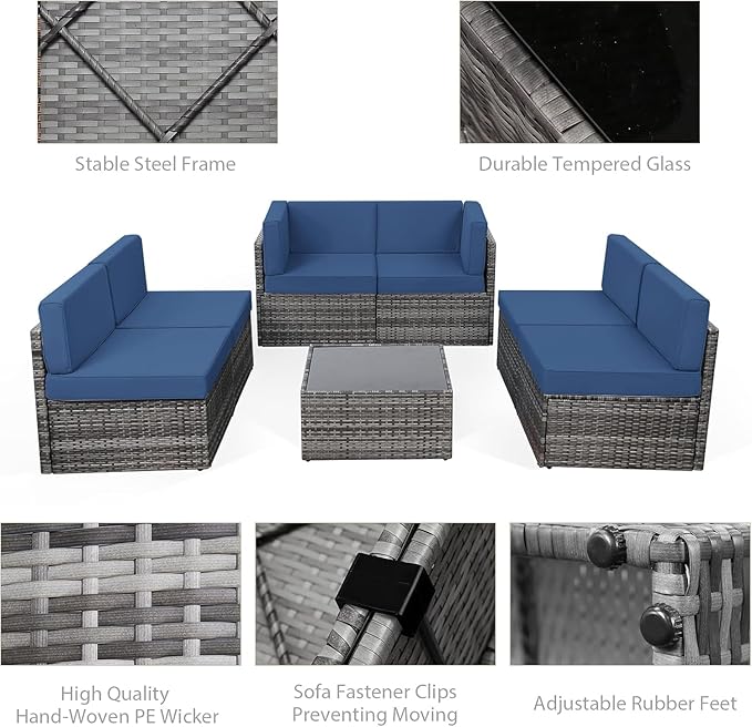 U-MAX 7 Piece Outdoor Patio Furniture Set, PE Rattan Outdoor Wicker Sectional Furniture Chair Set with Cushions and Tea Table, Grey Rattan and Navy Cushion