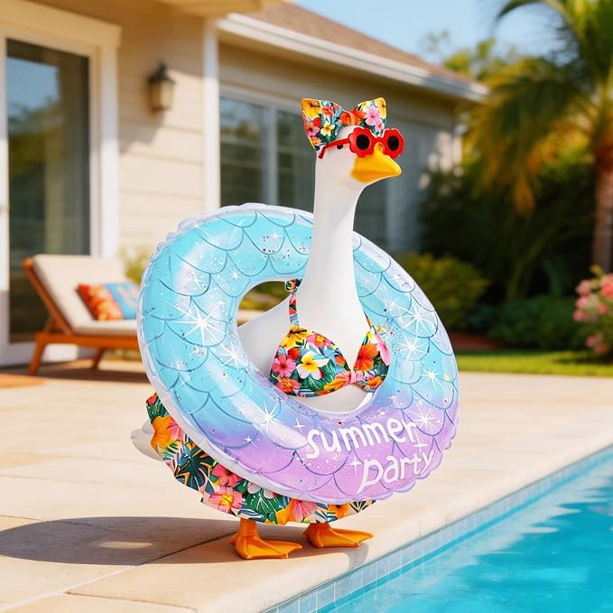 Porch Goose Summer Outfit, 23 Inch Hawaiian Bikini Costume, Accessories Include Bow, Sunglasses & Swim Ring, Fits Cement Goose Statue for Garden Patio Yard Outdoor Decor (Tropical Floral)