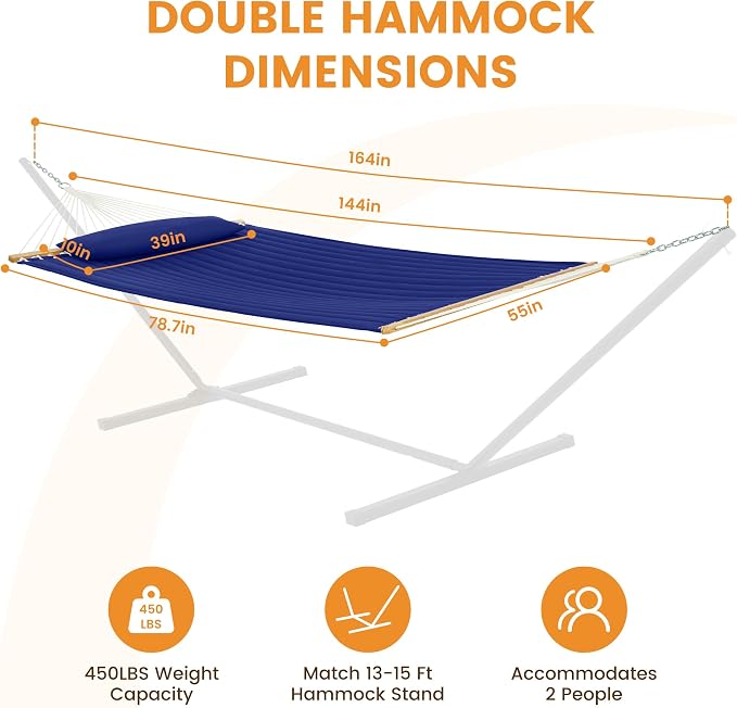 Lazy Daze Hammocks 12 FT Double Quilted Fabric Hammock with Spreader Bar and Detachable Pillow, 450lbs Weight Capacity, Navy Blue