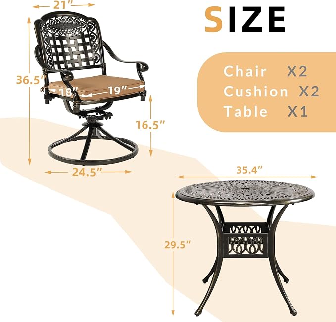 3-Piece Outdoor Patio Dining Set, All-Weather Cast Aluminum Patio Furniture Set for Backyard Garden Deck with 2 Swivel Cushioned Chairs and 35.4” Round Table, 2" Umbrella Hole, Khaki