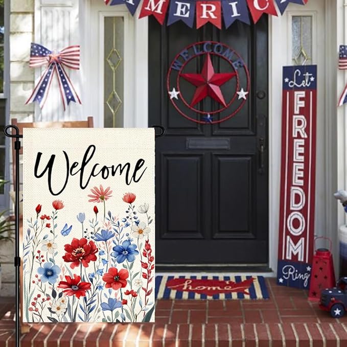 RABUSOFA 4th of July Memorial Day Patriotic Garden Flag 12x18 Inch Double Sided,Red White and Blue Floral Yard Outdoor Decoration Small
