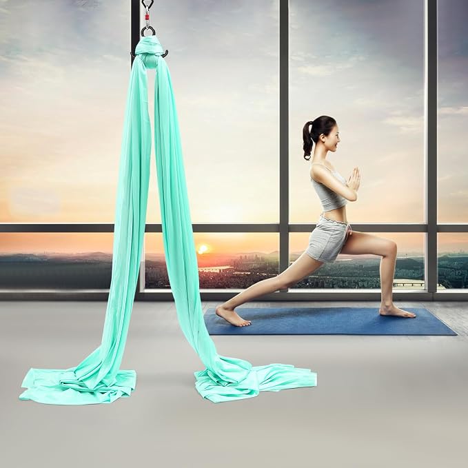 Aerial Yoga Hammock, Green, Polyester, 19.68x8.53 ft, Ceiling-Mounted, 440 lbs Capacity, with Carabiners and Extension Straps, for Yoga, Dance, Acrobatics