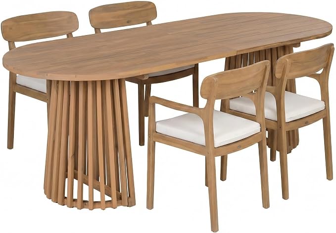 Christopher Knight Home Zoa Acacia Wood Dining Set for 4, Outdoor Dining Table with Dual Slatted Pedestal Bases, Outdoor Dining Chairs with Cushions, 5 Piece Patio Dinner Set, Beige/Teak
