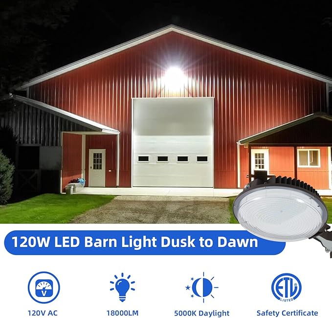 120W LED Barn Light,Dusk to Dawn Outdoor Lighting with Photocell and Mount arm, 5000K Daylight 15600LM,IP65 Waterproof Adjustable Angle Outdoor Flood Light for Yard Garage Securtity Area