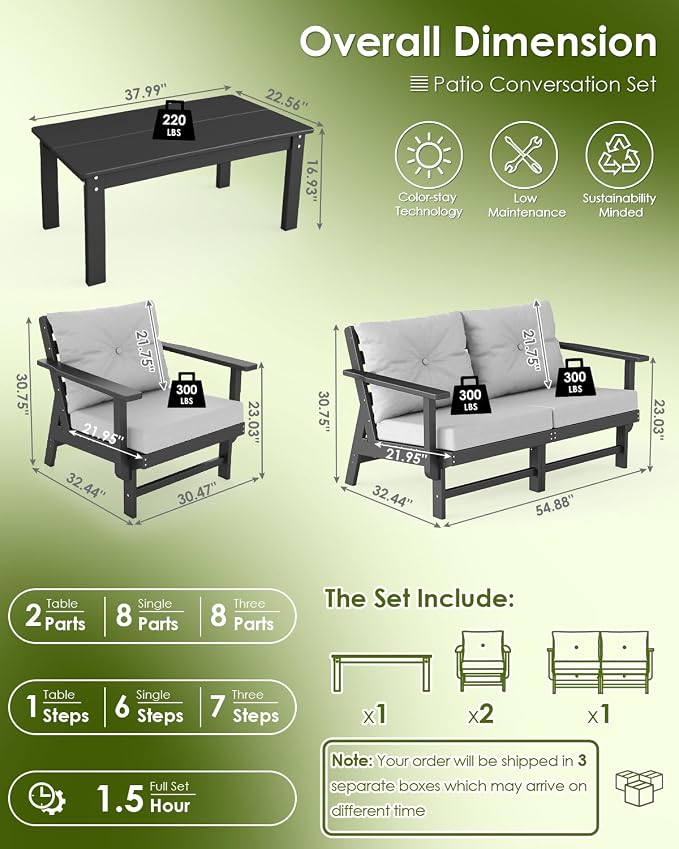 GREENVINES 5-Piece-Patio-Furniture-Set | HDPE Plastic | Outdoor Sectional Conversation Sets | All-Weather Couch | Sofa with Coffee Table | Detachable Armrests | for Deck Lawn | Black