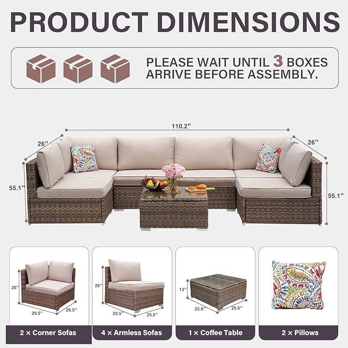 7-Piece Outdoor Patio Furniture Set – Handwoven All-Weather Rattan & 4” Thick Waterproof Cushions, Wicker Outdoor Conversation Sets with Coffee Table for Deck, Backyard, Garden, Beige/Brown