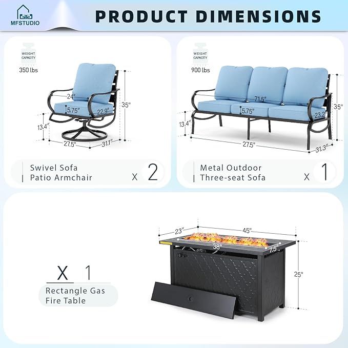 MFSTUDIO 4 Pieces Patio Conversation Sets, All Weather Metal Frame Outdoor Furniture Set Patio Sofas with 1 x 45 Rectangular Propane Fire Table, 1 x 3-Seat Sofa, 2 x Swivel Chairs, Blue Cushion