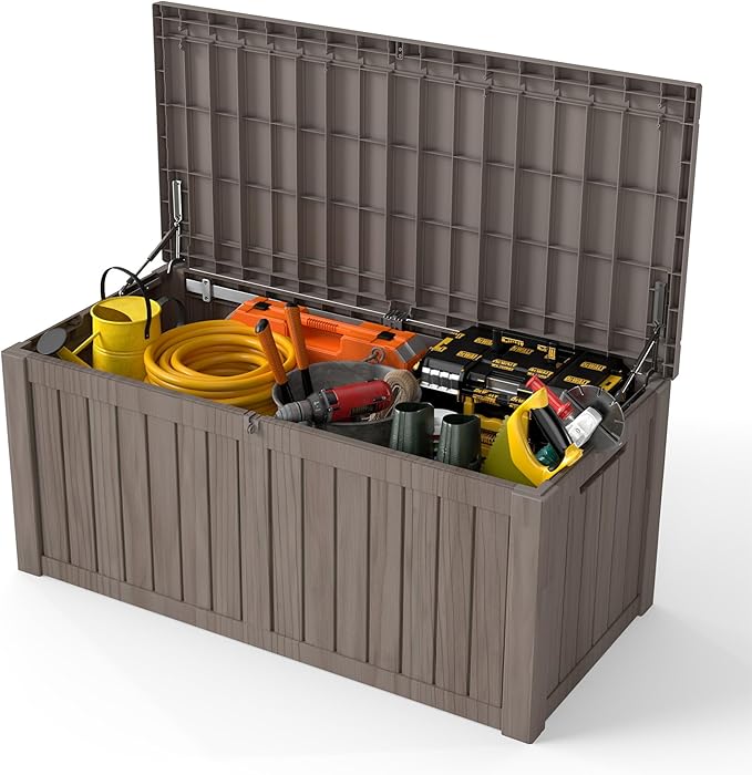 150 Gallon Deck Boxes Outdoor Waterproof, Outdoor Storage Box with Lockable Lid & UV-Resistant for Patio Furniture, Outdoor Cushions, Garden Tools and Pool Supplies, Light Brown