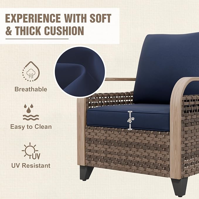 Modern Wicker Patio Furniture Set, Rattan Outdoor Conversation Set with Comfortable Cushions, 2 Patio Chairs, 3 Seat Couch and Coffee Table, 4 Pieces, Brown/Blue