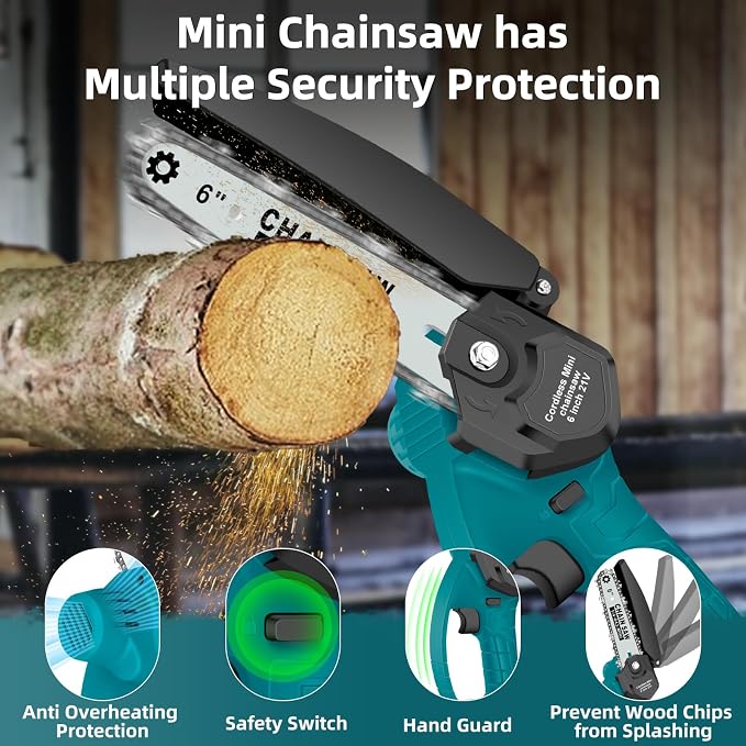 6-Inch Mini Cordless Chainsaw, Battery Powered Hand Held Electric Saw, High Speed Portable Saw for Tree Trimming, Branch Pruning, Wood & Soft Metal Cutting, Automatic Lubrication and Safety Protection