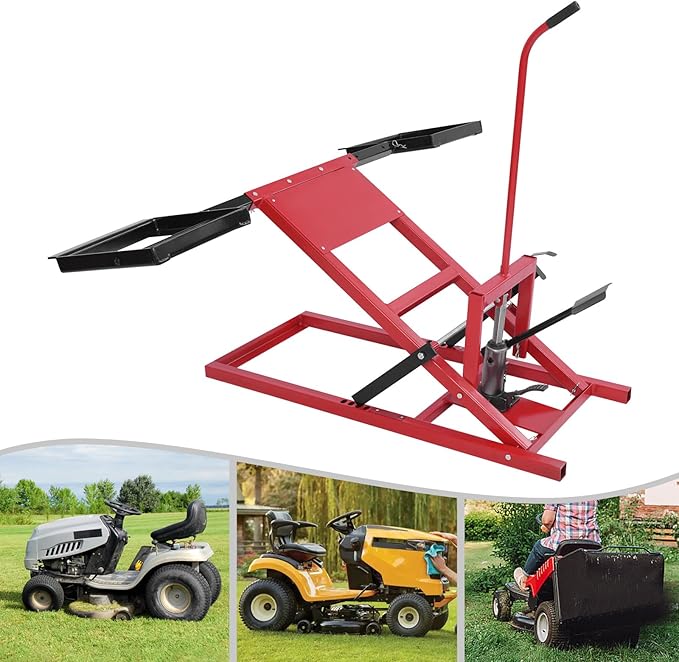 Lawn Mower Lift Jack for Zero Turn Mowers Riding Tractors 500lbs Capacity Hydraulic Lift Table for Maintenance Repair Adjustable Wheel Span, Easy Assembly, for Tractors, Lawnmowers, Atvs, Pushmowers