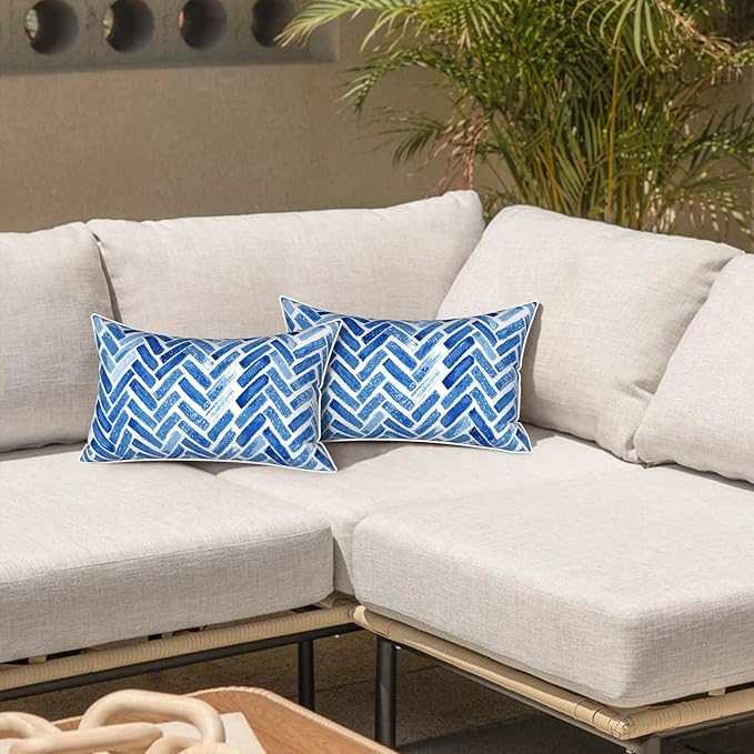 LVTXIII Set of 2 Outdoor Lumbar Pillows for Patio Furniture with White Piping, 12"x20" Fade Resistant Patio Lumbar Pillows with Inserts for Home Coach Sofa Use, Blue Bricks