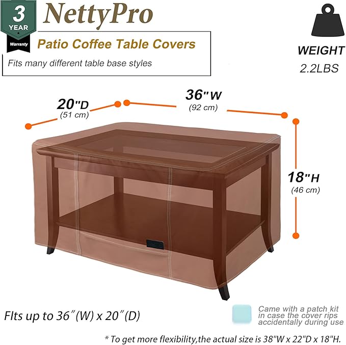 NettyPro Waterproof Patio Coffee Table Cover Rectangular 36 x 20 x 18 Inch Outdoor Furniture Coffee Table Cover Small Rectangle, Brown
