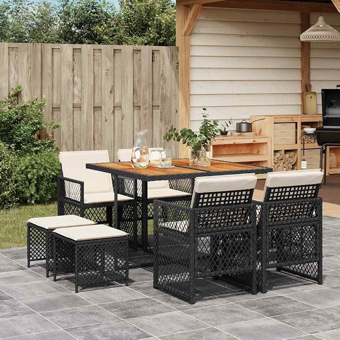 9 Piece Garden Dining Set, Outdoor PE Rattan Sectional Furniture with Acacia Wood Top Rectangular Table, 4 High-Back Chairs and 4 Stools, Space-Saving Backyard Patio Set with Cushions, Black