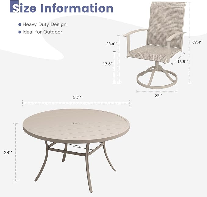 VICLLAX Outdoor Table and Chairs Set for 6, Patio Dining Set of 50 Metal Round Patio Table with Umbrella Hole & 6 Swivel Outdoor Dining Chairs for Backyard Lawn, Sandshell