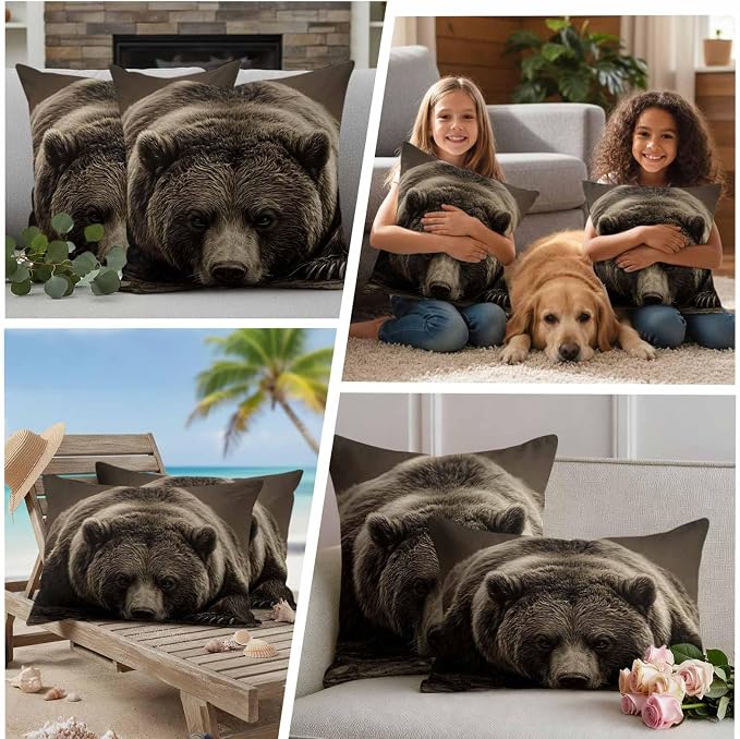 Waterproof Pillow Covers Set of 2,Rustic Brown Grizzly Bear Outdoor Pillow Protectors with Zipper Pillowcases for Patio Tent Garden Beach 16x16 Inches Abstract Forest Wildlife Animal