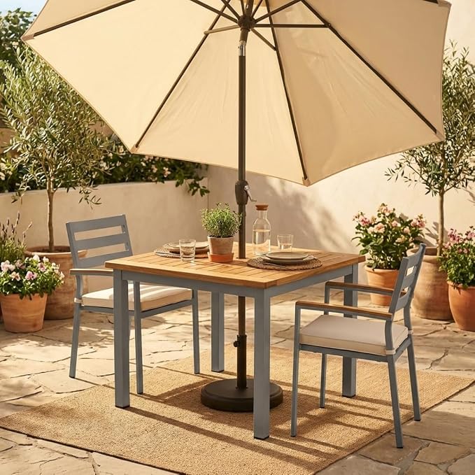 Hives & Honey Catalina Square Outdoor Dining Table, Grade-A Teak Wood Patio Table with Aluminum Base, 35.4", Seats 2–4, Grey