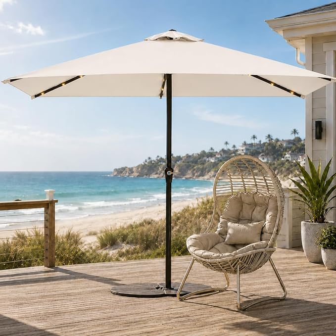 6.5 x 10ft Rectangular Patio Umbrella with Solar Lights, 16 LED Lighted Market Umbrella with Push-Button Tilt and Crank, 6 Sturdy Iron Ribs for Garden, Deck, Pool, Creamy White