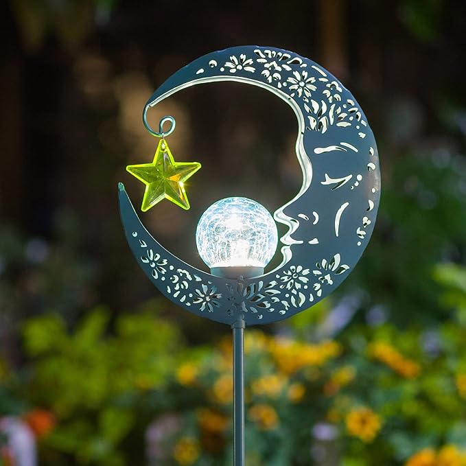 Hapjoy Outdoor Solar Lights Garden Decor for Patio,Lawn or Pathway Moon Decorations Crackle Glass Globe Stake Metal Lights Waterproof Warm LED Garden Gifts (Blue)