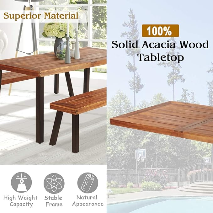 Giantex Patio Dining Table Set with 2 Benches, Outdoor Picnic Table Set with Umbrella Hole, Acacia Wood Patio Seating and Rectangular Table for Backyard, Garden, Lawn (Rustic Brown)