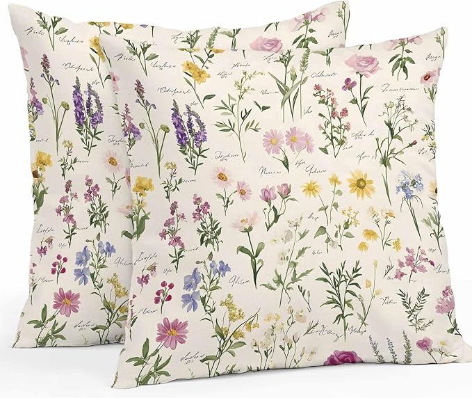 Throw Pillow Covers 16x16 Inch Set of 2, Botanical Garden Florals Waterproof Outdoor Pillow Covers, Spring Watercolor Wildflowers Decorative Cushion Pillowcases for Couch, Sofa, Bed, Garden, Patio