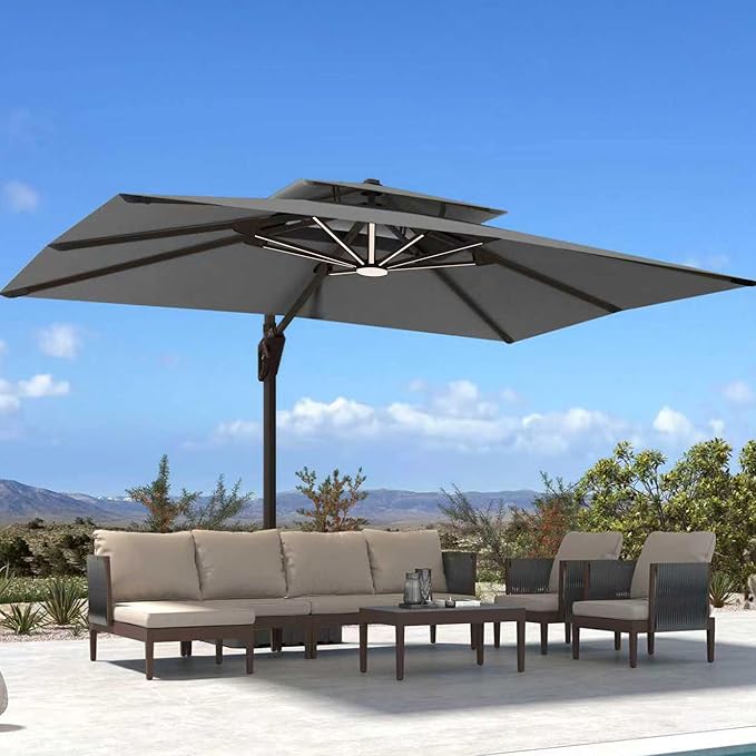 10' X 13' Patio Umbrella with Weighted Base and LED Lights Outdoor Cantilever Large Rectangle Offset Umbrellas Heavy Duty Aluminum Double Top with 360-degree Rotation for Pool Garden Deck, Grey