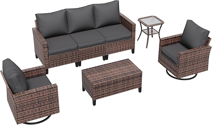 Amopatio Patio Furniture Set, 5-Piece Wicker Outdoor Sectional Sofa with Swivel Rocker Chairs, Rattan Conversation Set with Storage Coffee Table and Waterproof Cover for Backyard, Brown/Grey