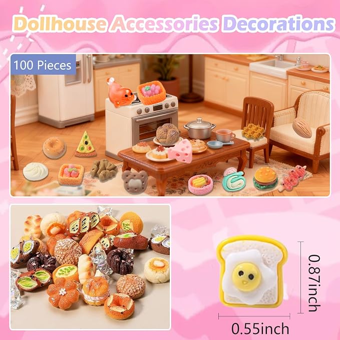100PCS Mystery Blind Bag Mini Food Toy Set, Squishy Surprise Toys Bulk, Pretend Play Kitchen Food, Dollhouse Accessories Miniature Food Figures, Sensory Fidget Toys, Party Favor Gift Pack for Kids