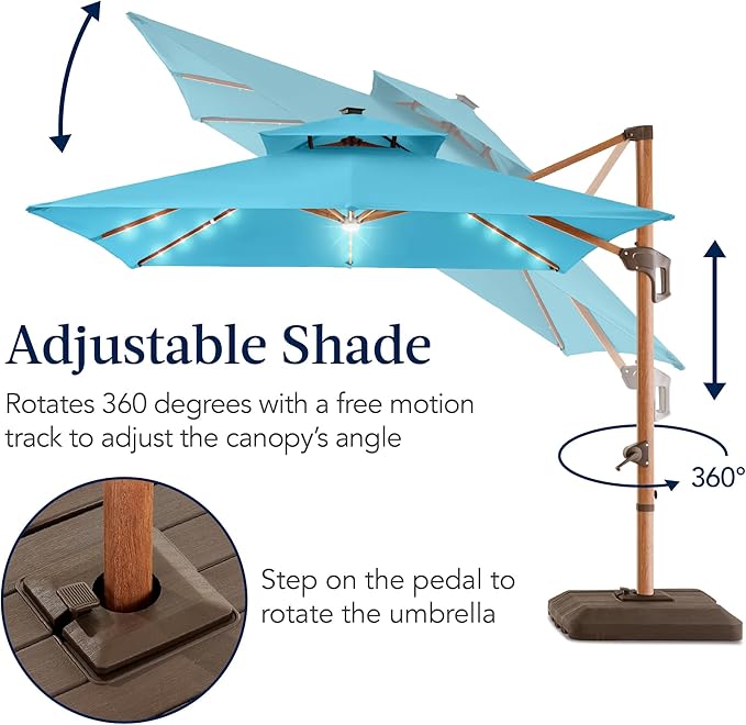Best Choice Products 10ft Square Cantilever Patio Umbrella w/Base Included, Woodgrain Pattern Pole & Solar LED Lights, 360-Rotation, Offset Hanging Outdoor Shade