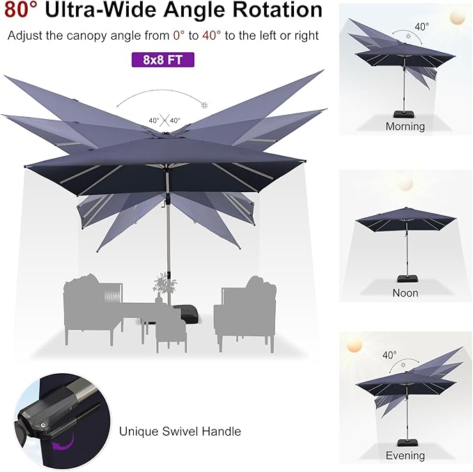 PURPLE LEAF 8' X 8' Left-right Tilting Patio Umbrella Outdoor Swivel Cantilever Umbrella Aluminum Offset Umbrella with Champagne Frame and 360-degree Rotation for Garden Deck Pool, Navy Blue