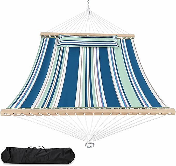 Outdoor Double Hammock with Pillow and Carry Bag, Colorful Stripes | Pure cotton breathable, fade-resistant fabric, 550 lbs Capacity