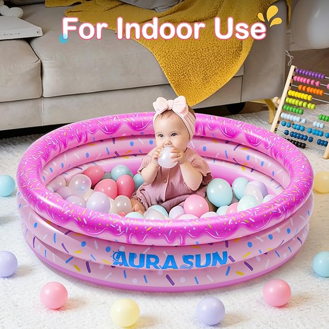 Inflatable Baby Pool Small Kiddie Swimming Pool, 3 Rings Round Pad Pool for Kids & Toddler, 48"X12" Portable Indoor Ball Pit Toys, Outdoor Water Play for Girl/Boy (Pink)