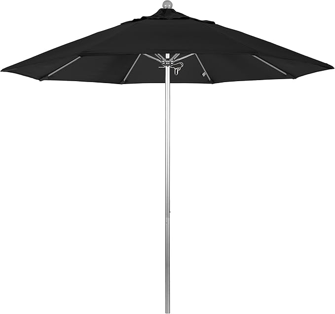 California Umbrella 9' Round Aluminum/Fiberglass Umbrella, Push Open, Silver Pole, Sunbrella Black Fabric
