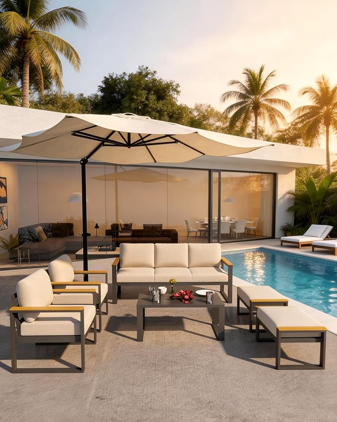 IDEALHOUSE Aluminum Patio Furniture Set, 7 Seats Outdoor Patio Conversation Sets with Coffee Table, 6 Pieces Metal Conversation Sectional Furniture Sofa for Balcony, Garden, Deck, Backyard,Beige
