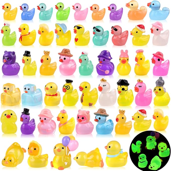 TINKRSTUFF 50PCS Mini Resin Animals Assorted Styles Tiny Ducks Glow in Dark,Miniature Duck Figures to Hide,Little Animal Bulk for Topper Desk Garden Landscape Aquarium DIY Crafts & Decor