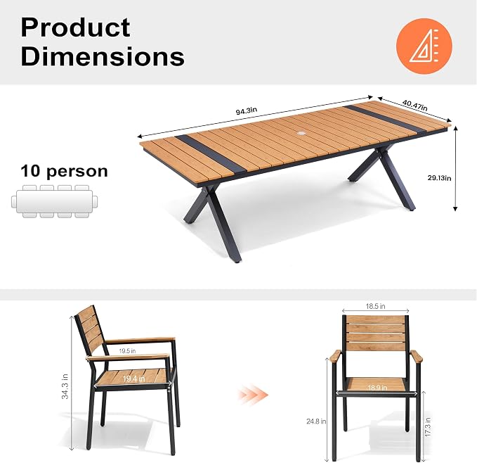 Pellebant 11 Piece Patio Table and Chairs Set, Aluminum Outdoor Dining Set with Umbrella Hole, 94" Dining Table & Stackable Chairs, Weather Resistant Teak Wood Grain Finish for Deck, Porch, Backyard