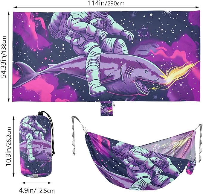 Cartoon Cool Astronaut Riding Shark Psychedelic Galaxy Outer Space 330lb Capacity Camping Hammocks with Hanging Rope Indoor Hammock for Outside Camping Essentials Base para hamacas