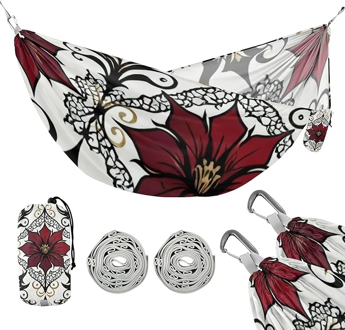 Red Floral and Lace Outdoor Hammocks with Tree Straps Cloth Hammock for Camping Travel Accessories