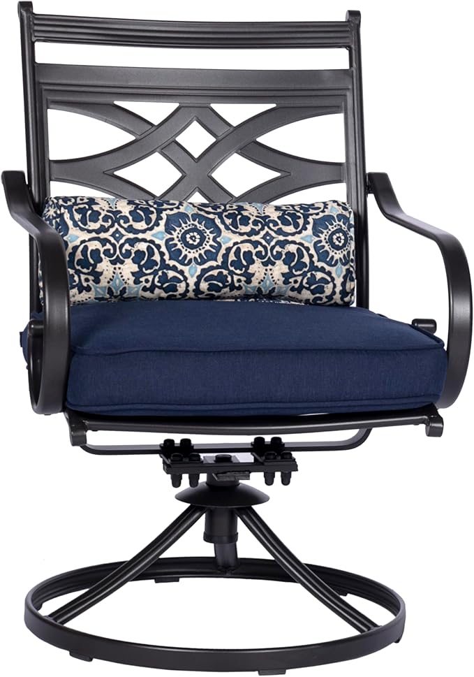 Hanover Montclair 3-Piece Patio Conversation Set, 2 Swivel Rocker Chairs with Comfortable Seat and Lumbar Cushions, 27" Square Stamped Rectangle Table, All-Weather Outdoor Bistro Set