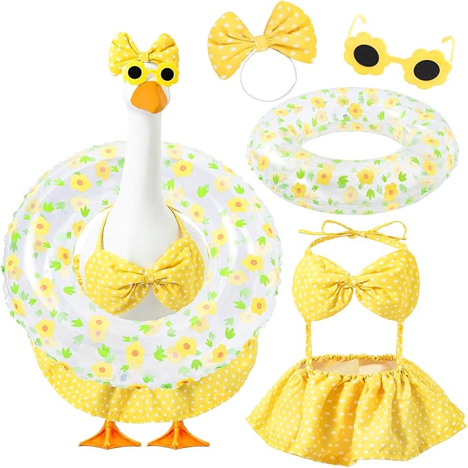 Summer Porch Goose Outfit with Sunglasses and Swim Ring for 23" Goose Statue Hawaiian Bikini Goose Outfits Porch Goose Clothes Costume for Garden Lawn Yard Decor(Yellow DOTT)